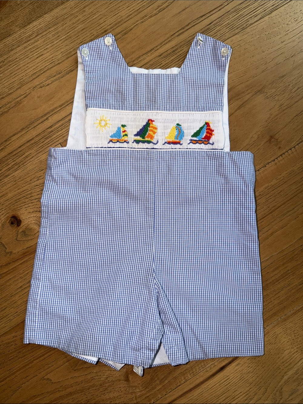 Anavini Blue Gingham Sailboat Smocked Shortall
